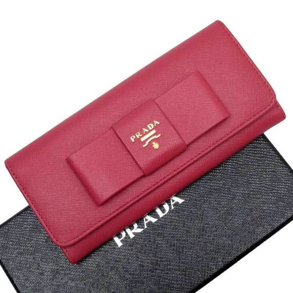 Prada Saffiano Wallet Leather Ribbon Long Pink Fold - Picture 1 of 3
